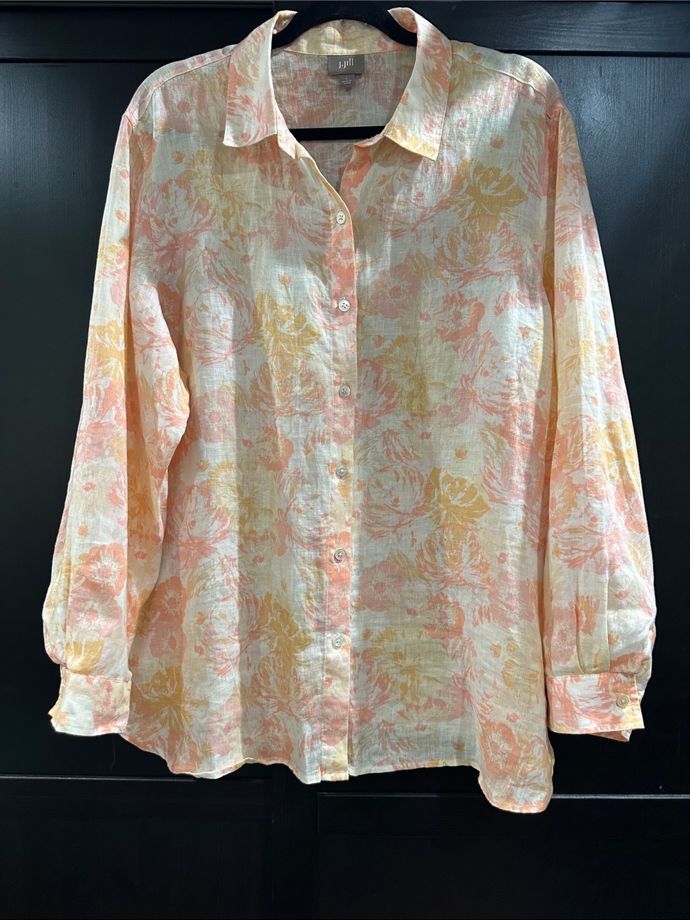 J. Jill  100% LINEN Peach, Yellow & Cream Floral Button-Down Shirt